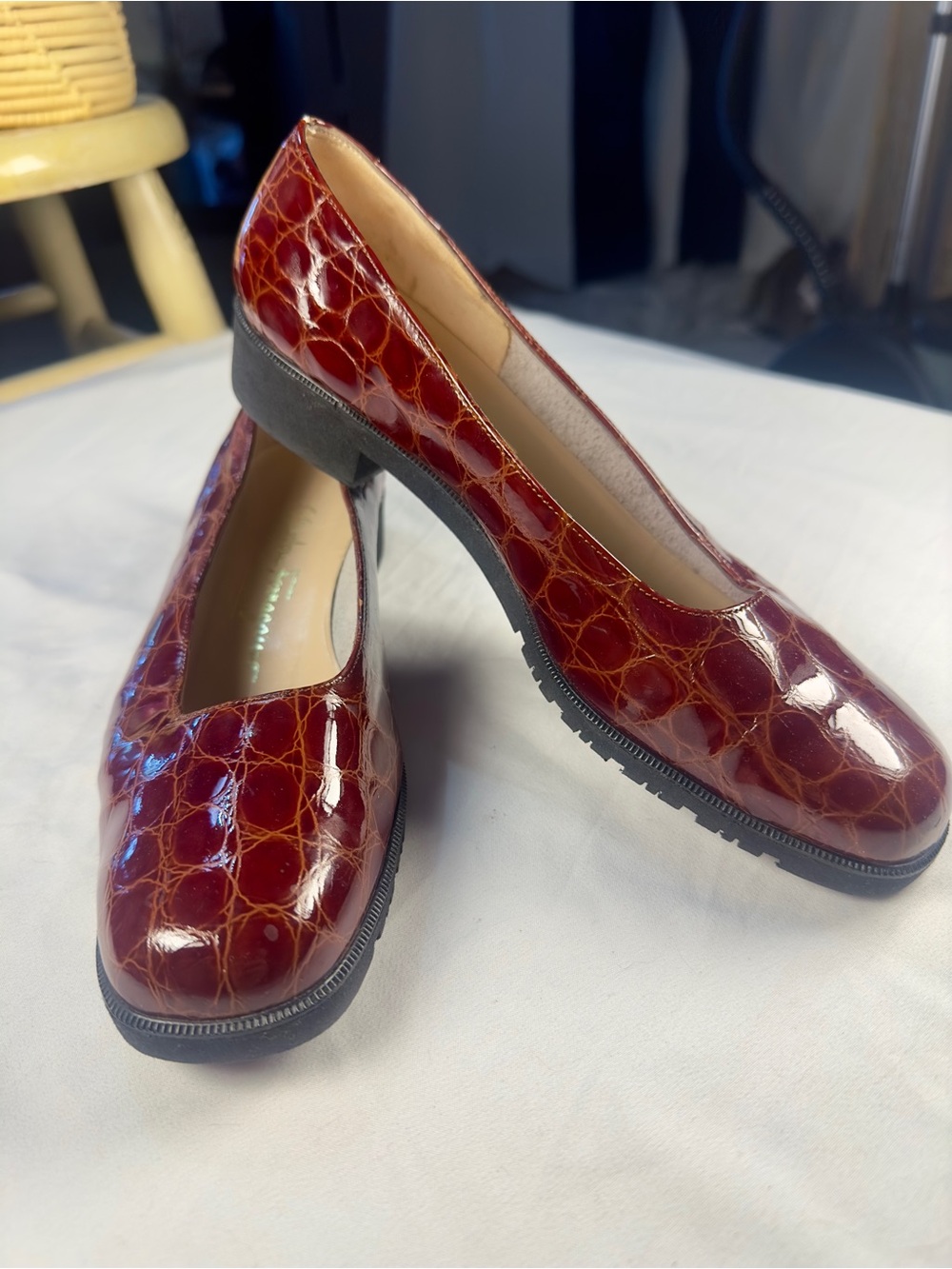 Salvatore Ferragamo Vintage Oxblood Croc Embossed Patent Leather Ballet Flat 6.5